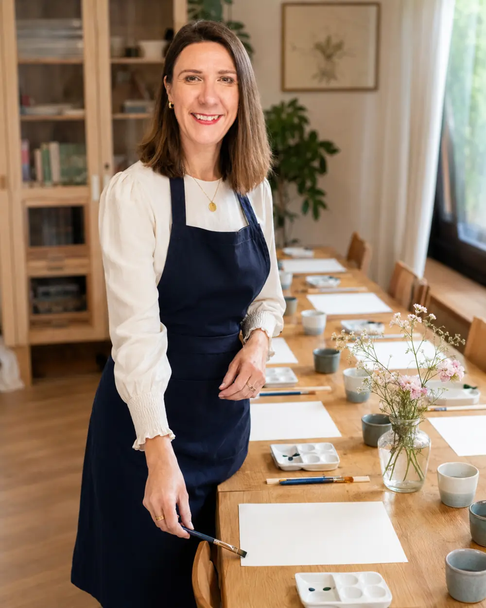 Jana Moravcová připravuje stůl pro akvarelový kurz